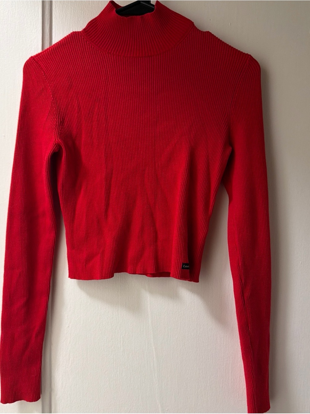 Calvin Klein Red Ribbed Turtle Neck Mock Neck Long Sleeve Top